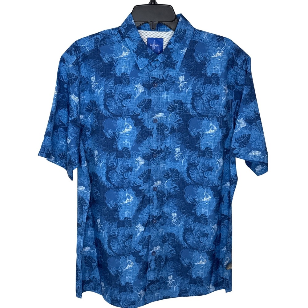 Guy Harvey Men's Blue Tropical‎ Fish Leaf Print Short Sleeve Button Up Shirt M